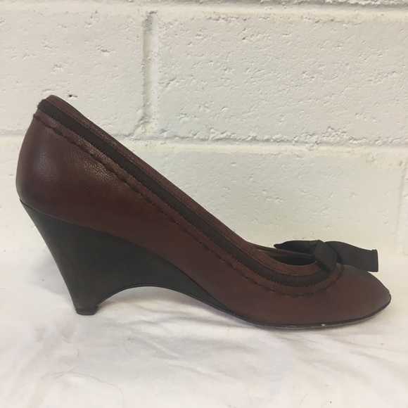 MIU MIU • Leather Peep Toe Wedges - Picture 3 of 16